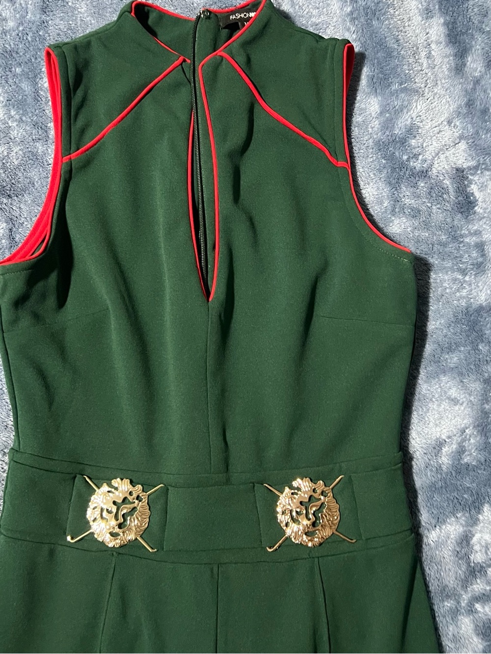 Fashion Nova Dark Green Sleeveless pantsuit with Red Trim & Gold Emblem